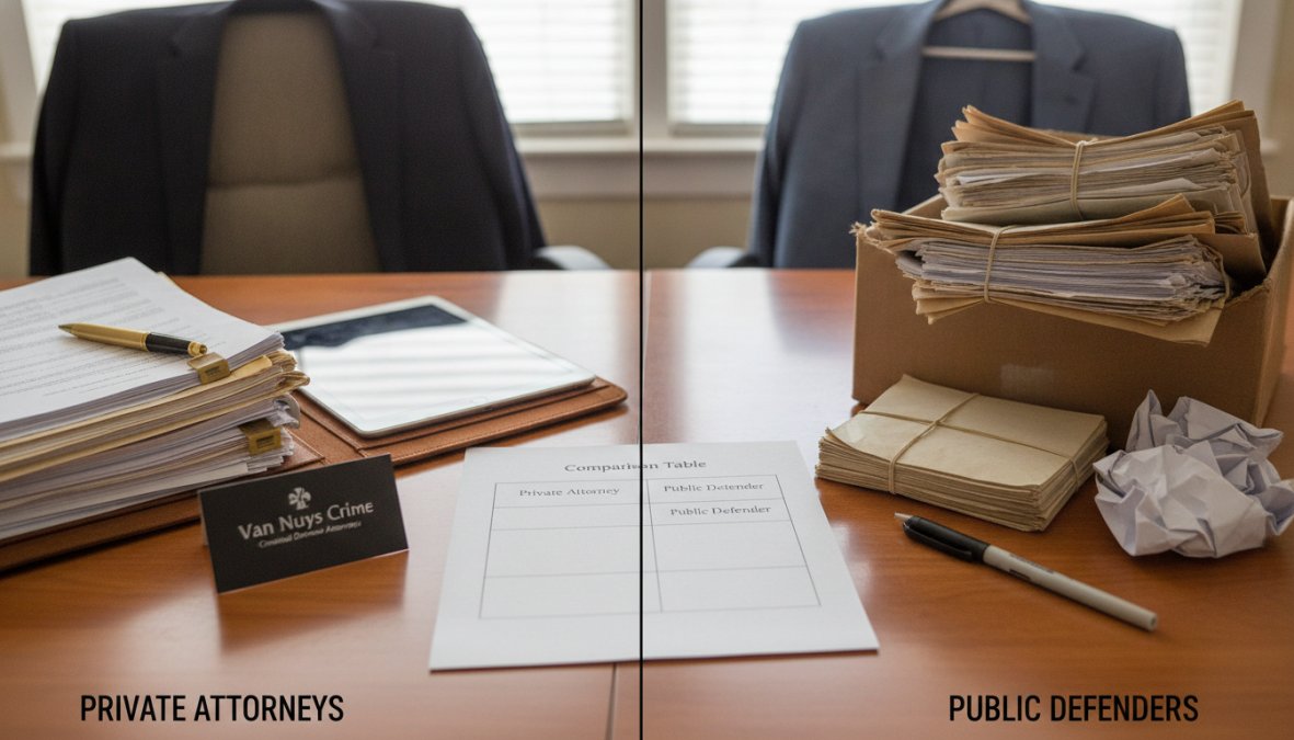 Criminal defense attorney in professional attire reviewing case documents and evidence files at a desk in a law office with natural window lighting