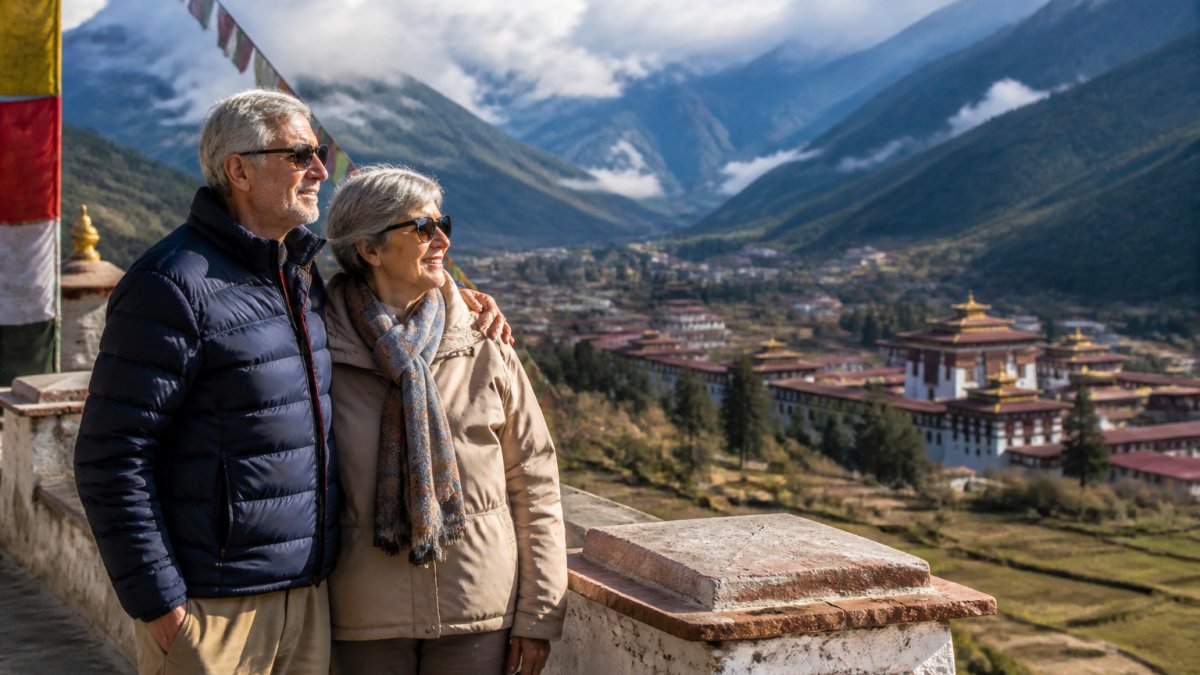 Senior couple standing on a mountain terrace overlooking a panoramic valley with traditional Bhutanese architecture, prayer flags, and misty peaks in the background, both appearing relaxed and engaged