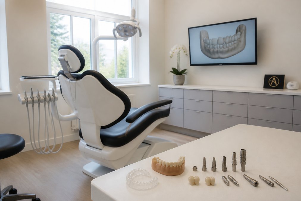 A calm, modern dental clinic room bathed in natural light, featuring a state-of-the-art dental chair and a wall monitor displaying a detailed 3D scan of a patient's jaw