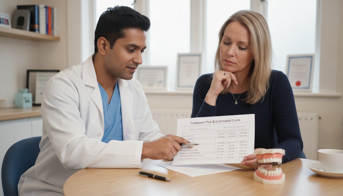 Patient seated in modern dental chair during consultation with dentist reviewing treatment plan and cost options on tablet display