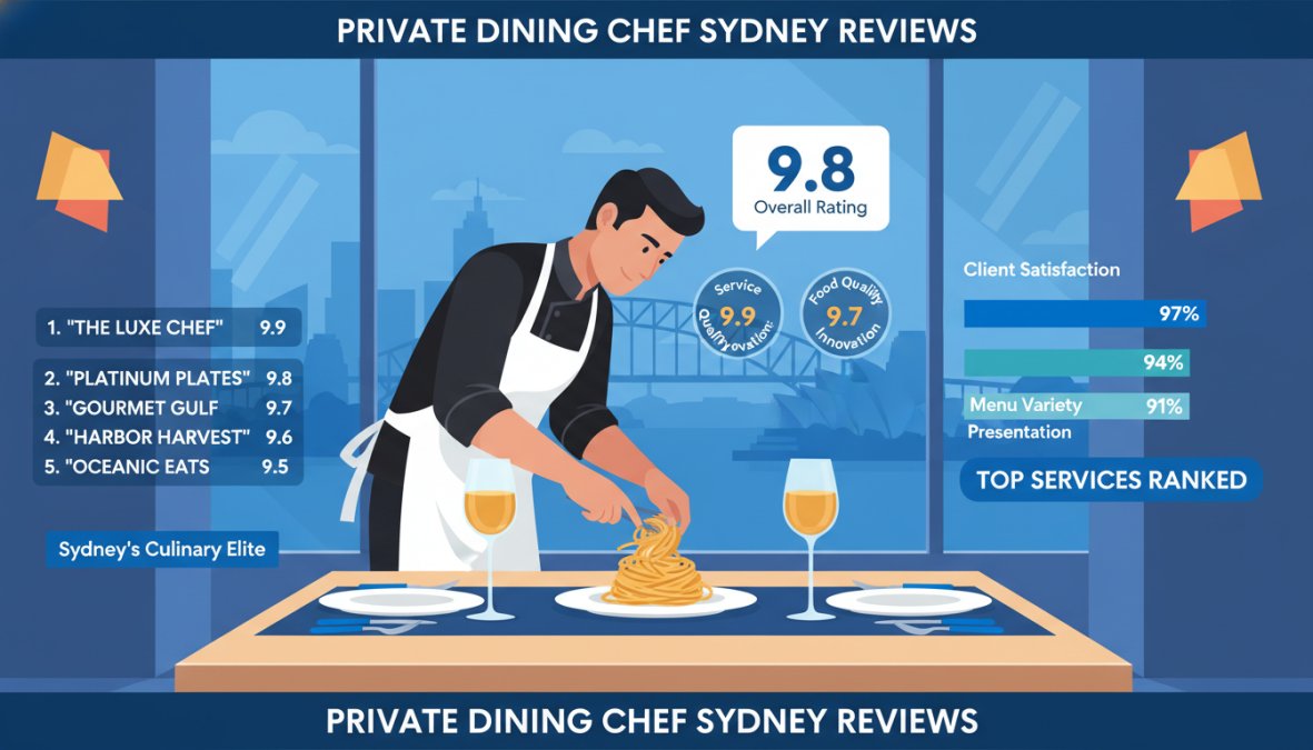 A professional private chef carefully plating an elegant handmade pasta dish at a beautifully set dining table in a contemporary Sydney home, with warm candlelight, wine glasses, and fresh herb garnishes visible in the background