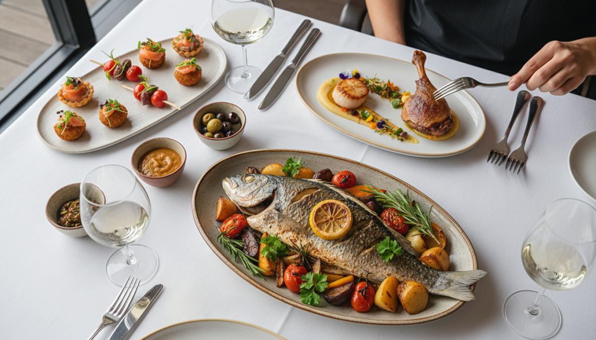 An overhead shot of a multi-course private dining spread on a white linen tablecloth, featuring handmade canapés on a slate board, a degustation plate with microherb garnishes, and a shared banquet bowl of slow-braised Italian ragù, with fresh basil and lemon wedges arranged around the dishes