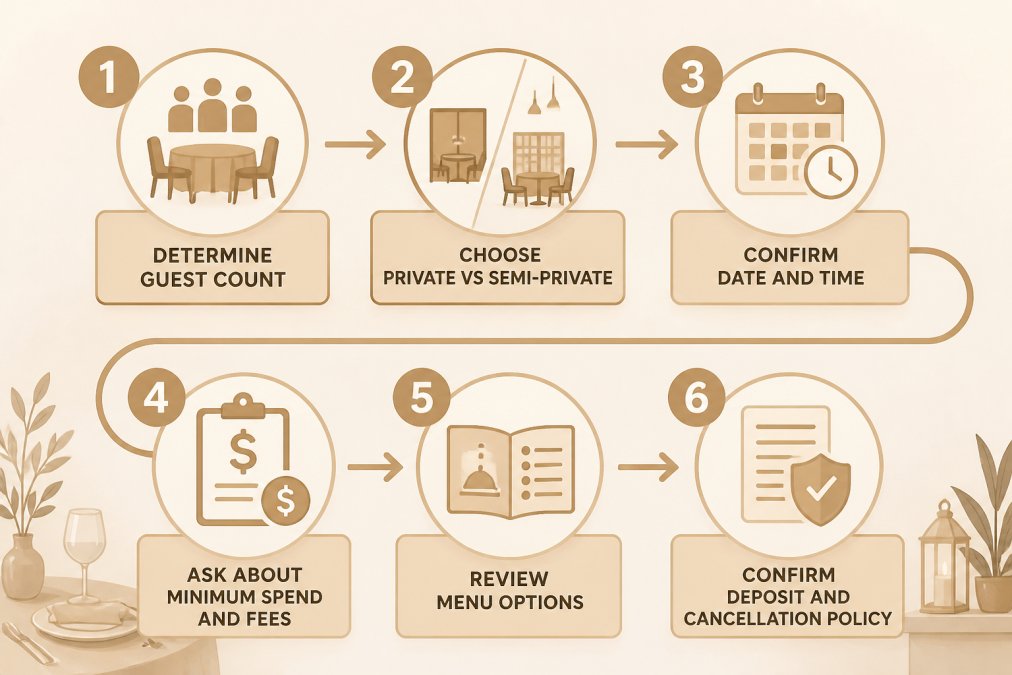 Flowchart showing the decision process for booking a private dining room: 1) Determine guest count, 2) Choose private vs semi-private, 3) Confirm date and time, 4) Ask about minimum spend and fees, 5) Review menu options, 6) Confirm deposit and cancellation policy