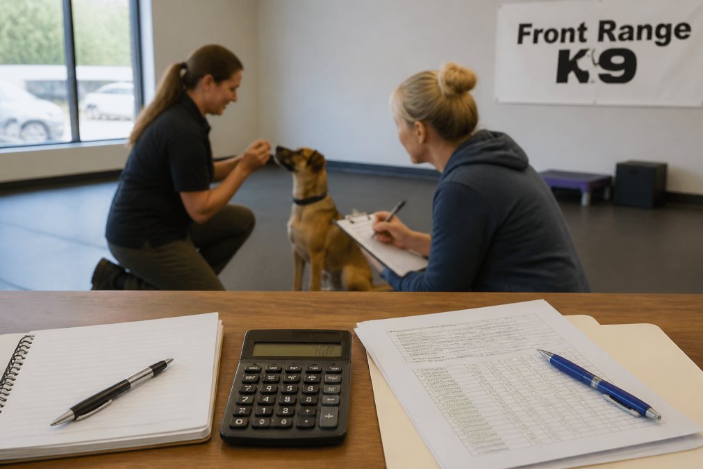 A professional dog trainer working one-on-one with a medium-sized dog in a bright training facility, handler nearby taking notes on a clipboard