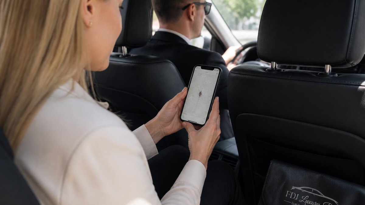 Woman holding a smartphone showing a live location map shared with a trusted contact, sitting in a car interior