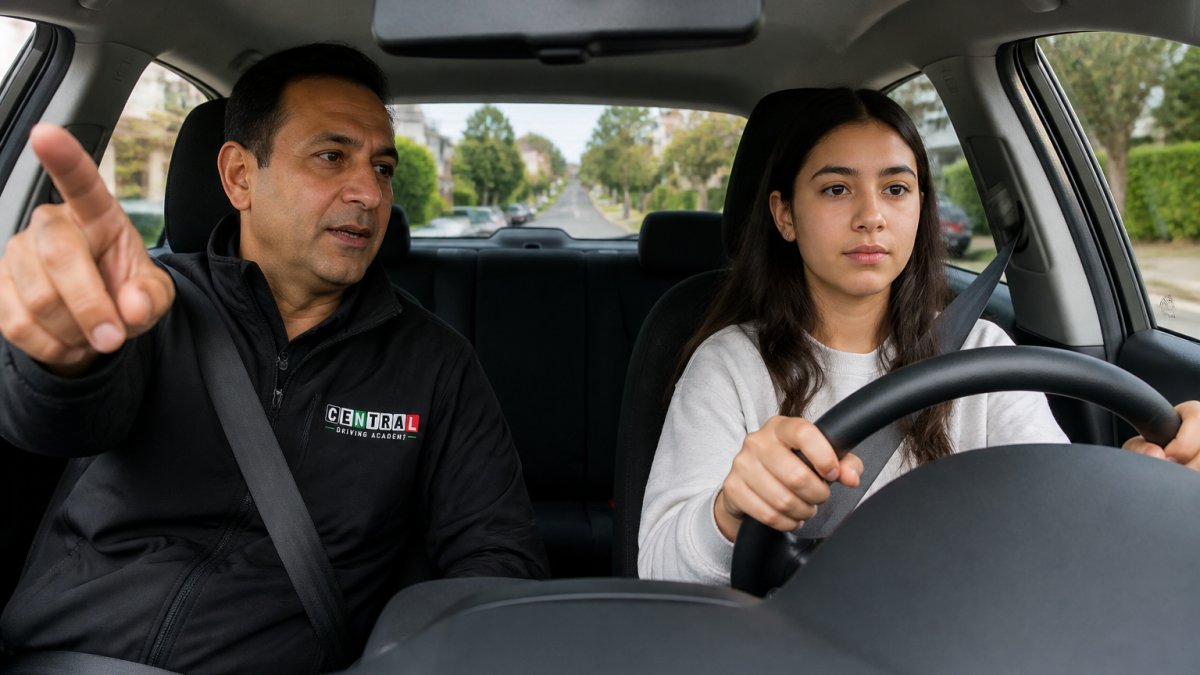 A calm driving instructor sitting in the passenger seat beside a focused teenage learner driver, the instructor pointing toward the road ahead, with a residential Coquitlam street visible through the windshield