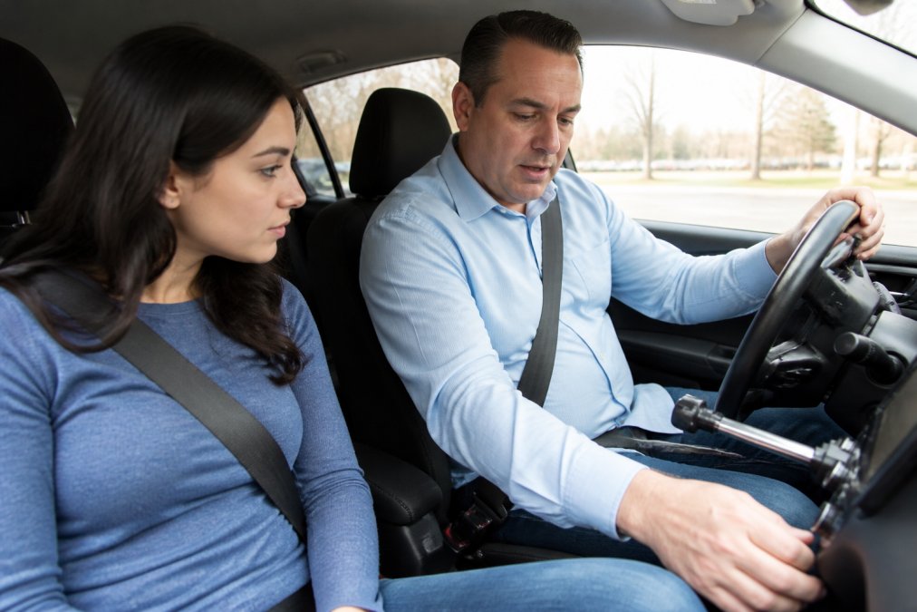 Professional DMV-certified instructor sitting in the driver's seat of a dual-control vehicle with a calm, focused adult student in the passenger seat during daytime instruction, showing patient guidance and attentive observation