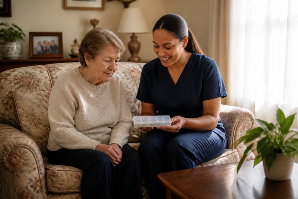 A warm, well-lit living room scene showing a professional caregiver in a navy uniform sitting beside an elderly woman on a floral sofa, both smiling as they review a weekly medication organizer together, soft afternoon light coming through sheer curtains