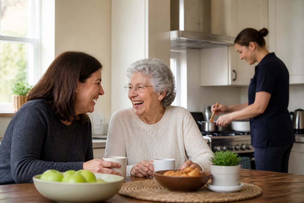 An adult daughter and her elderly mother seated together at a sunlit kitchen table, both relaxed and laughing in conversation, with a caregiver visible in the background at the stove preparing a meal, warm natural light filling the room