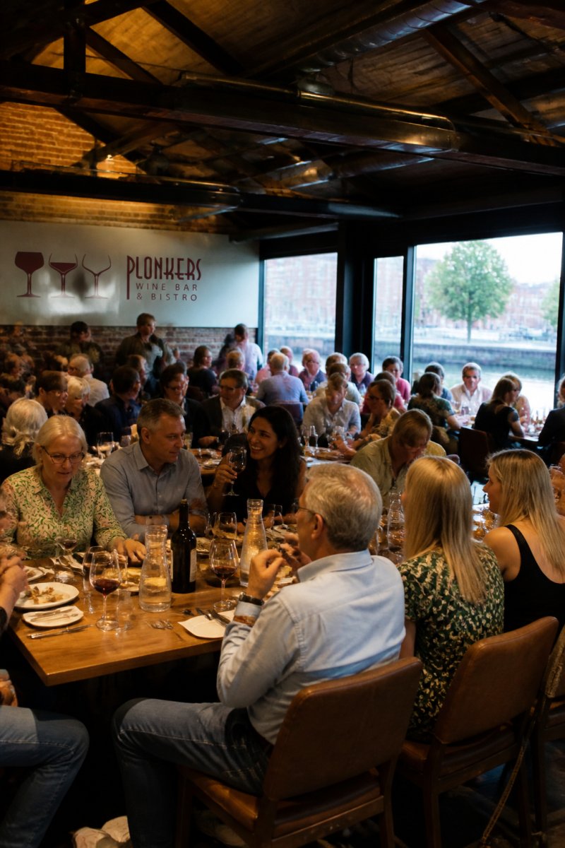 Group of 40 guests gathered around tables in an intimate riverside venue, sharing food and conversation with warm lighting and relaxed atmosphere