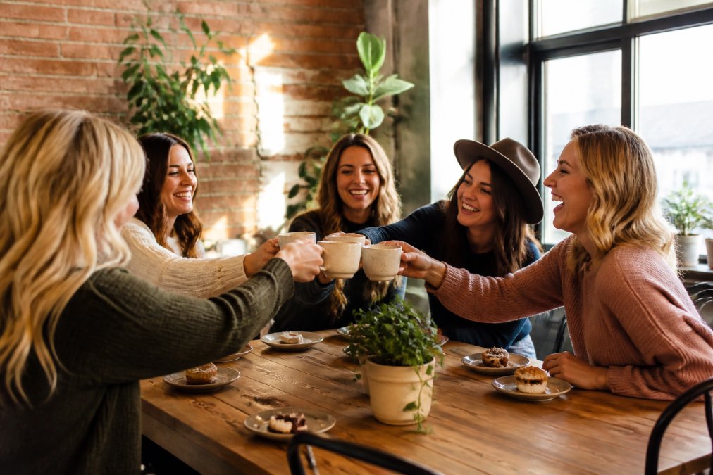 A warm, candid photo of a small group of women laughing and toasting with coffee cups at a communal table in a modern, inviting coffee shop with exposed brick and plants, soft afternoon light streaming through large windows