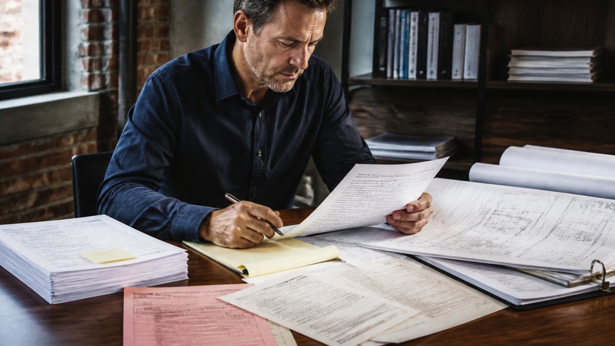 Commercial property owner reviewing inspection report and repair estimates at a desk with contractor bid documents, blueprints, and code violation notices spread across the surface in natural office lighting