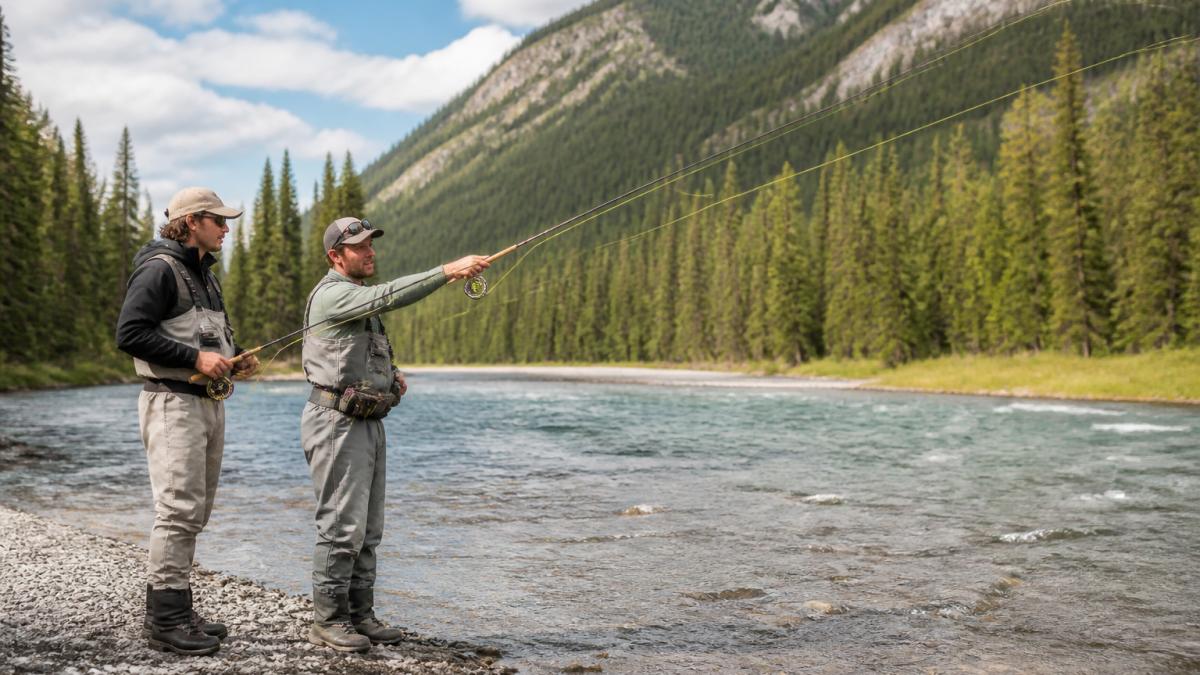 Fly fishing instructor demonstrating proper casting form and technique with student on river bank, showing rod angle and line extension over flowing water
