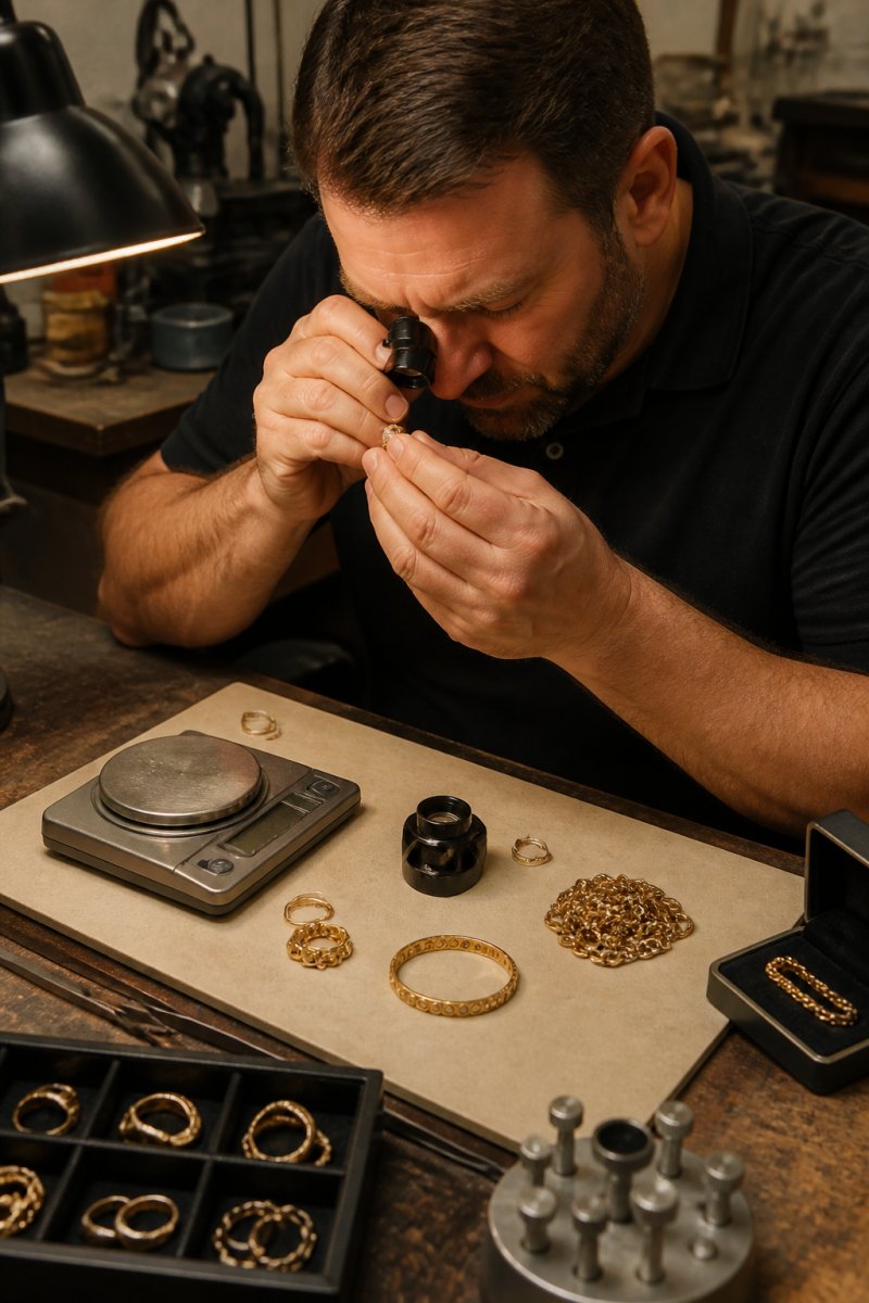 Professional gemologist using jeweler's loupe and precision scale to examine gold jewelry on workbench with testing equipment visible in background
