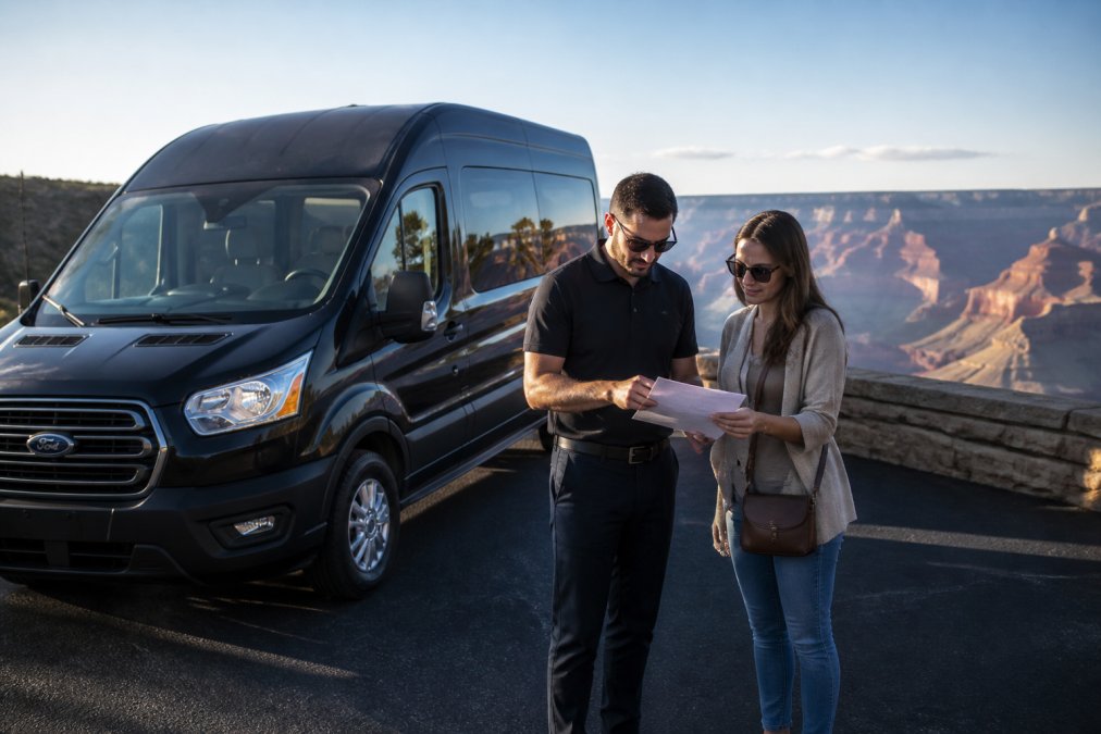 A guest and a professional tour guide reviewing a booking confirmation document together beside a luxury Ford Transit van parked near a scenic overlook, warm afternoon sunlight casting long shadows across the canyon rim behind them