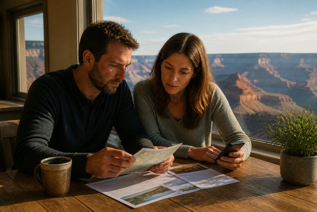 A couple sitting at a wooden table reviewing travel documents and a smartphone, a Grand Canyon landscape visible through a large window behind them, warm morning light filling the room