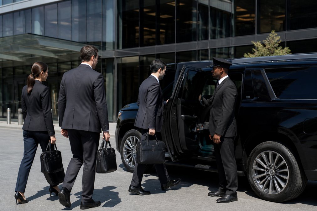 A group of business professionals in dark suits boarding a sleek black luxury SUV outside a glass-fronted modern office building, a uniformed driver standing attentively at the open rear door under bright midday light