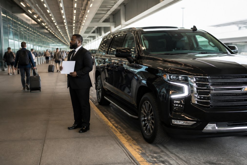 A polished black luxury truck parked curbside at a busy airport terminal under bright overhead lighting, a professional driver in a dark suit standing near the vehicle holding a name placard, passengers visible approaching in the background