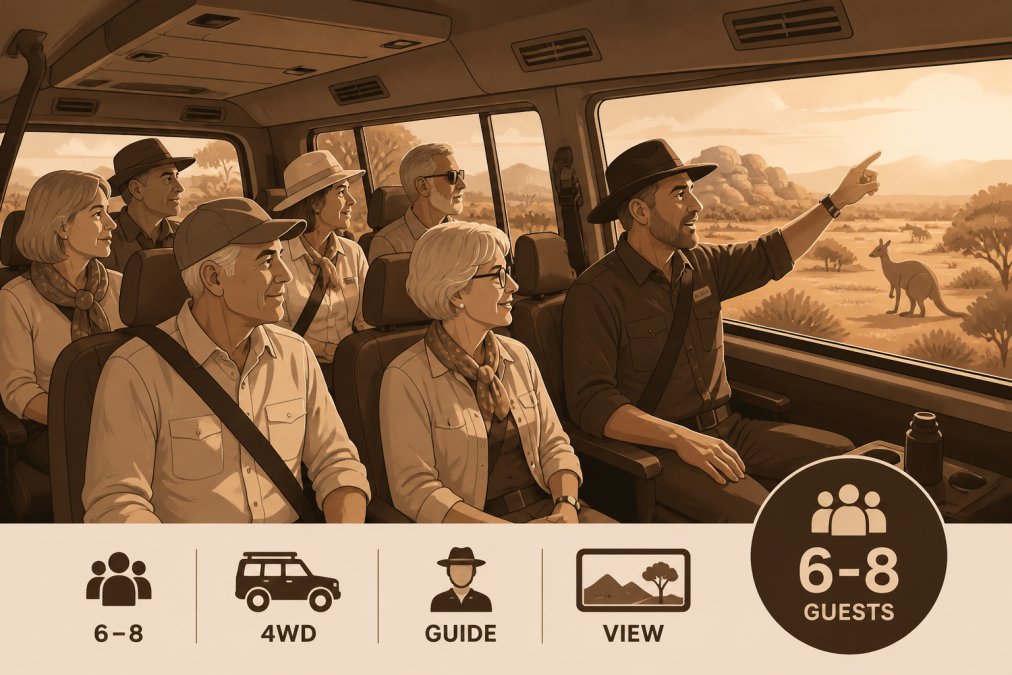A mature traveller group of 6-8 people seated comfortably in a purpose-designed 4WD vehicle, with an expert guide pointing out landscape features and wildlife through the window, golden afternoon light streaming across the interior