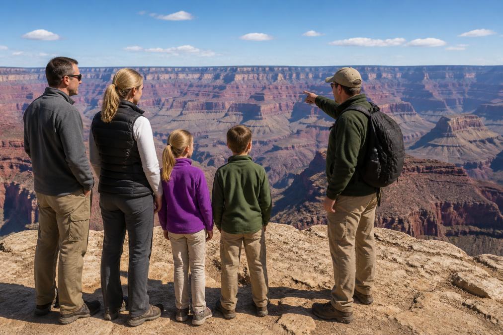 A family with two children standing at a Grand Canyon South Rim overlook, a guide in casual outdoor attire pointing toward distant buttes in late morning light