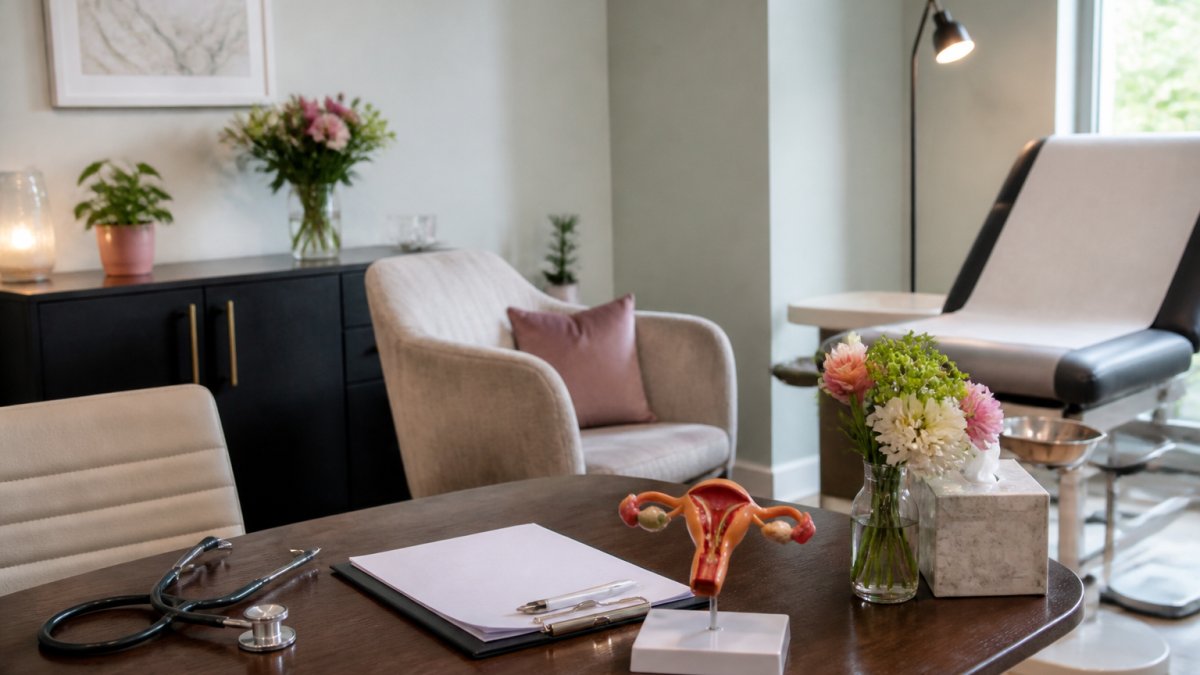 Calm, modern private clinic consultation room with soft lighting, comfortable seating, a desk with medical notes, and welcoming healthcare environment conveying professionalism and patient comfort