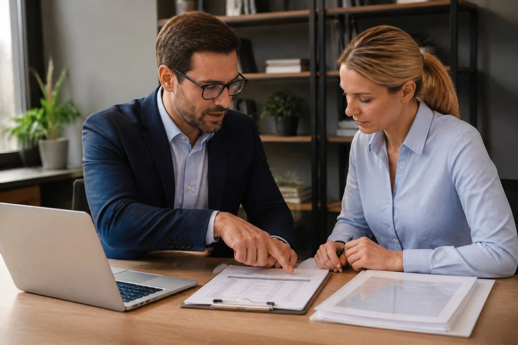 Self-employed professional reviewing private health insurance documents with an agent at a desk.