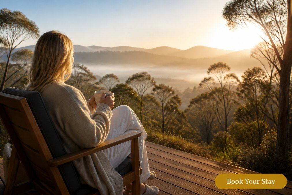 Guest enjoying herbal tea on a timber deck at a private health retreat overlooking a misty Tasmanian valley.