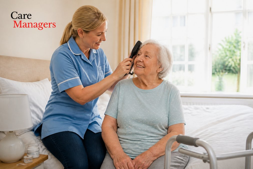 Professional carer assisting elderly person with personal care routine in bright, comfortable home setting with natural daylight from windows