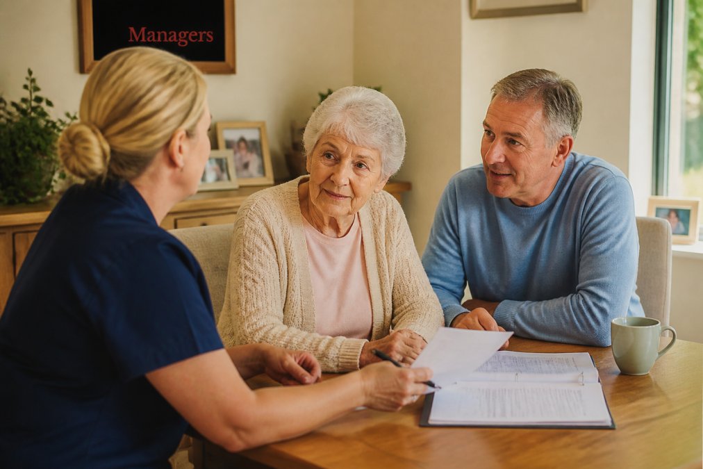 Family members and care coordinator sitting at table reviewing care plans and discussing elderly person's needs in warm, professional home setting