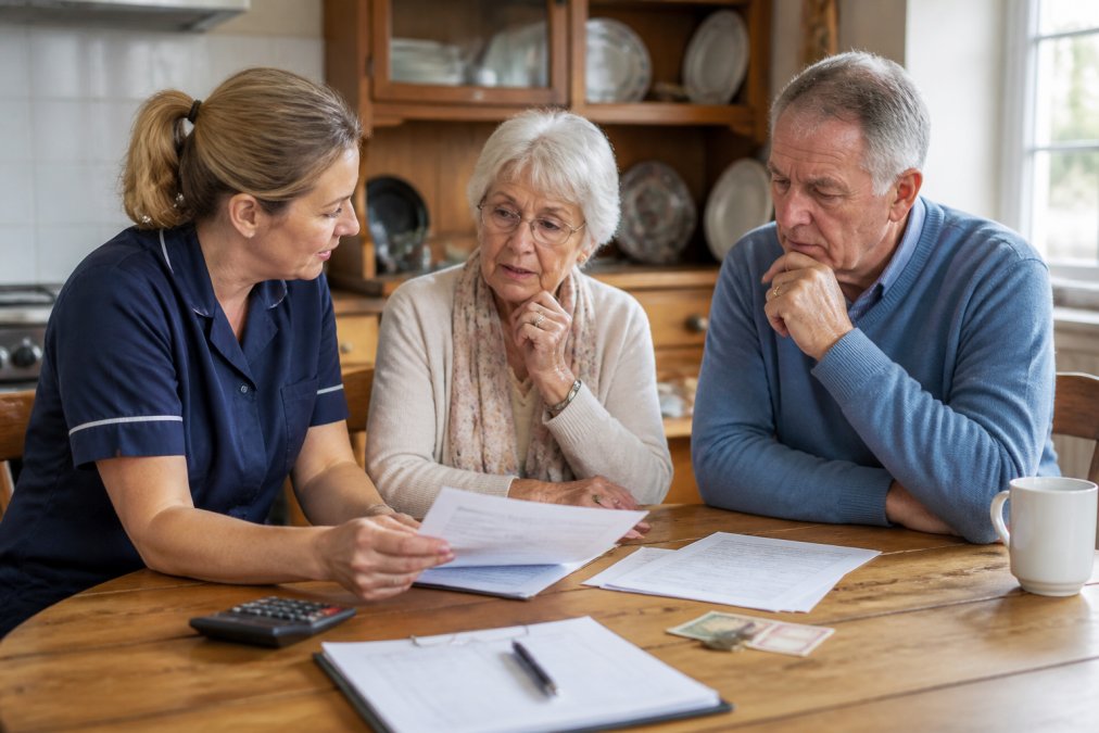 A care coordinator sitting with an older adult and their family member at a kitchen table, reviewing a care plan and pricing paperwork together in a warm, well-lit home