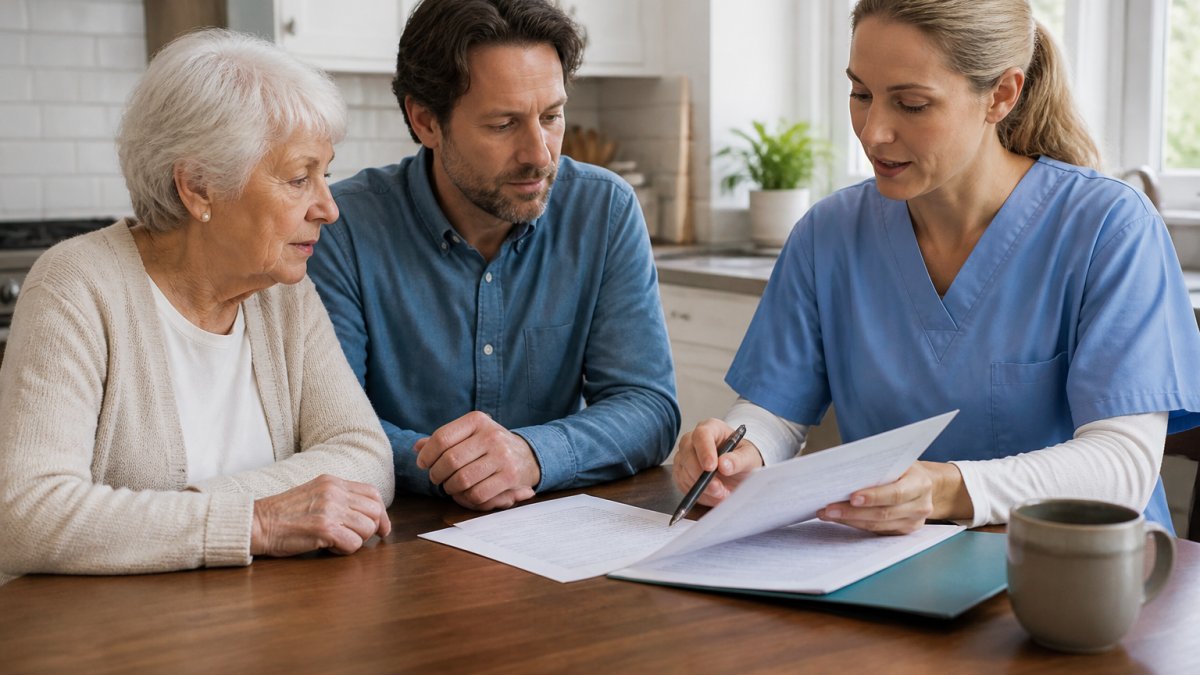 Senior adult and adult child meeting with a healthcare professional at a kitchen table, reviewing care documents and discussing payment options with natural window lighting