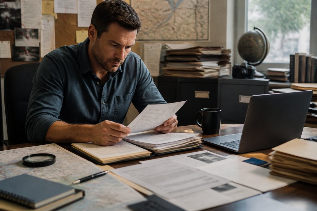 A professional private investigator reviewing case files and a laptop in a cluttered but organized office, with a map and notes on the desk, natural light from a window