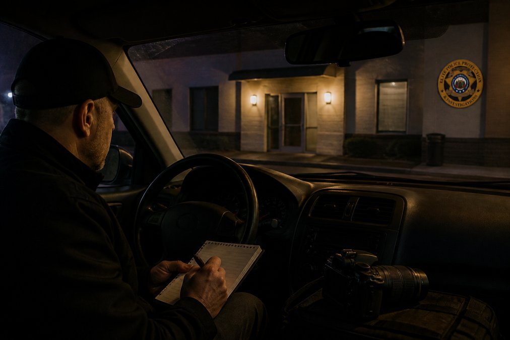 A private investigator watches a building entrance at night, impacting the overall private investigator cost.