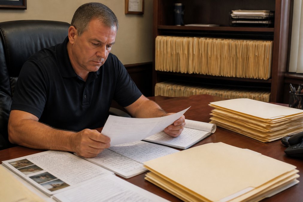 A professional investigator seated at a desk reviewing printed surveillance logs and field notes beside a laptop, organized manila folders labeled by date visible in the background under warm office lighting
