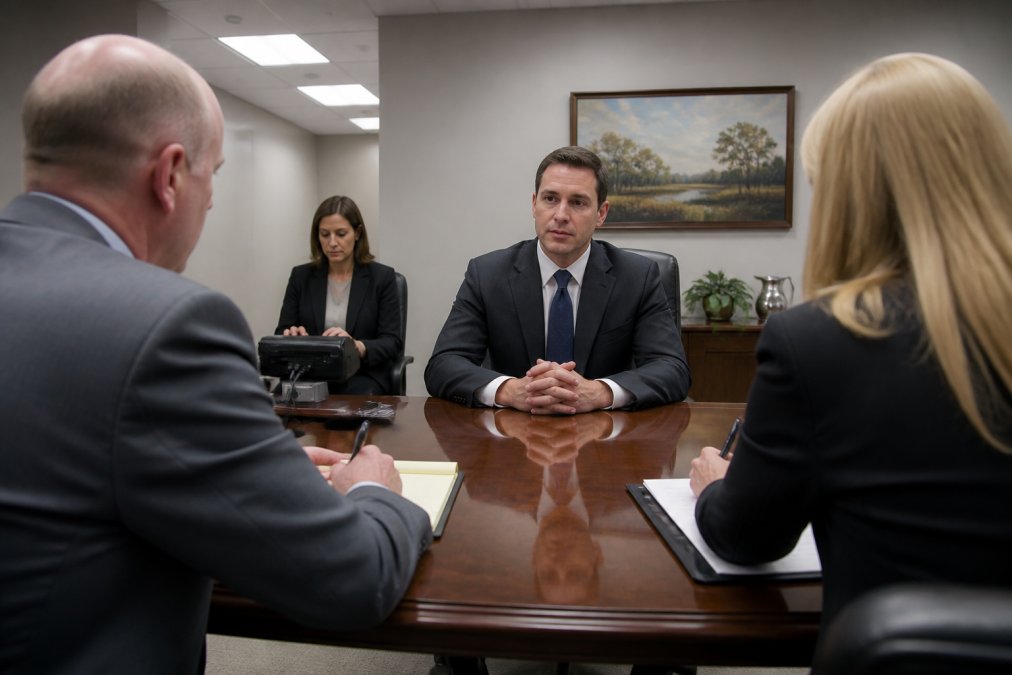 A composed professional witness seated at a polished conference table across from two attorneys in a formal deposition setting, a court reporter with a stenography machine visible in the background, fluorescent overhead lighting in a neutral-toned conference room