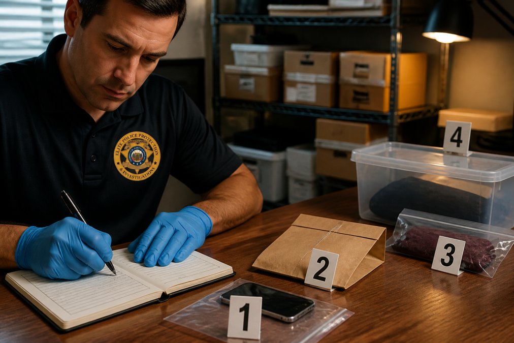 Private investigator carefully handling evidence with gloved hands while documenting items in a detailed logbook, with labeled containers and reference markers visible under controlled indoor lighting