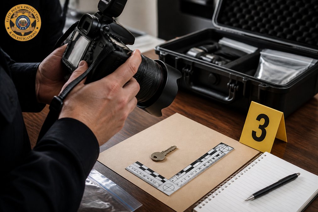 Close-up of investigator's hands photographing evidence with professional camera equipment, with date stamps, ruler scale reference, and documentation markers visible in the frame