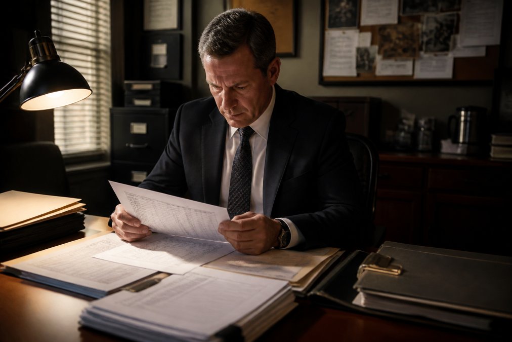 Professional investigator in business attire reviewing financial documents, bank statements, and employment records at a modern desk with laptop and organized case files under desk lamp lighting