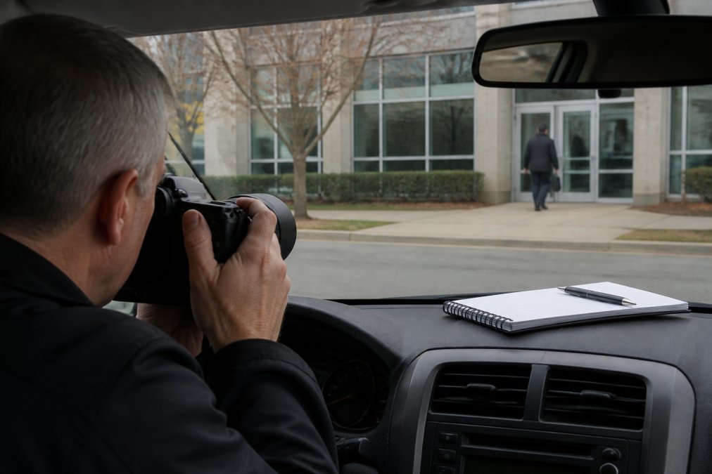 Private investigator conducting surveillance from vehicle parked discreetly on residential street, photographing subject entering commercial building, with professional camera equipment and investigation notebook visible on dashboard in natural daylight
