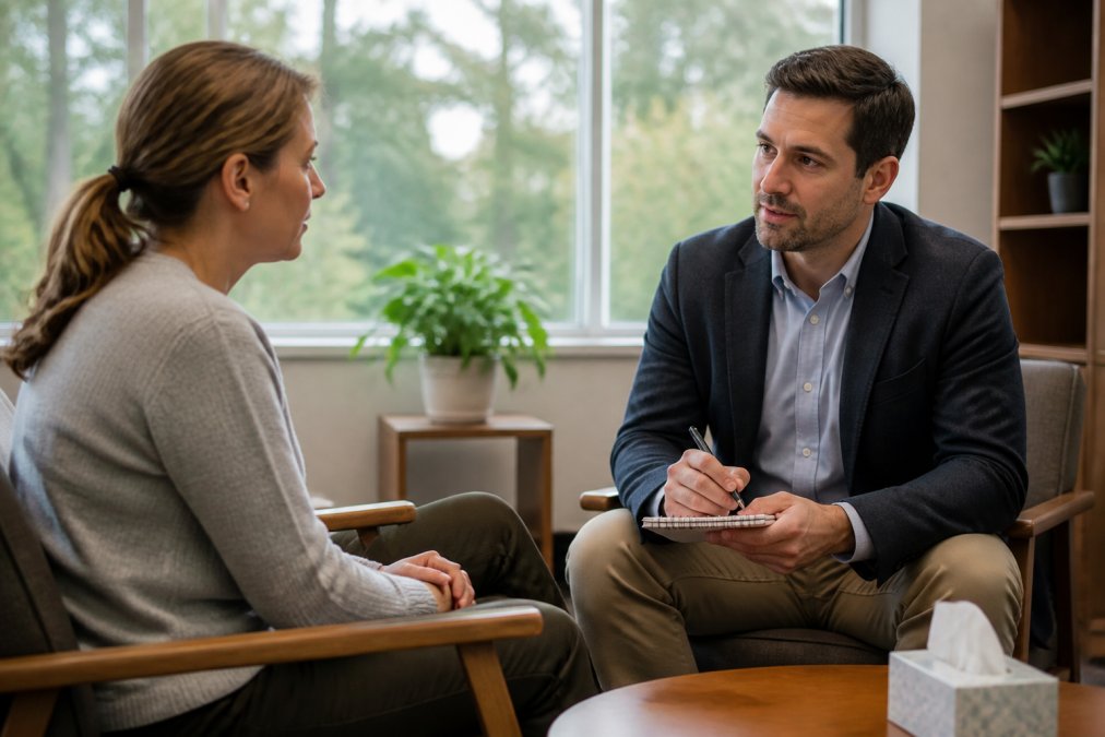 Professional investigator conducting calm, seated interview with witness in comfortable neutral office setting with natural lighting, relaxed body language and open posture