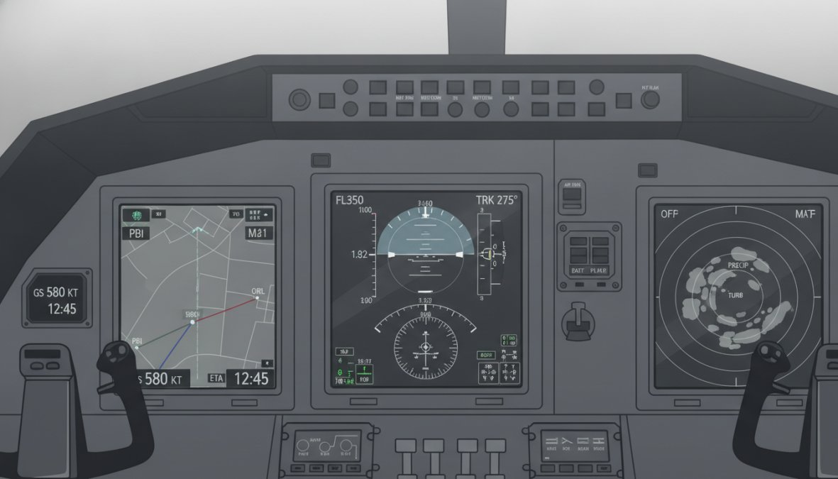 Close-up of a modern glass cockpit instrument panel with bright digital displays showing weather radar integration, GPS navigation, and autopilot status indicators in a private jet cabin