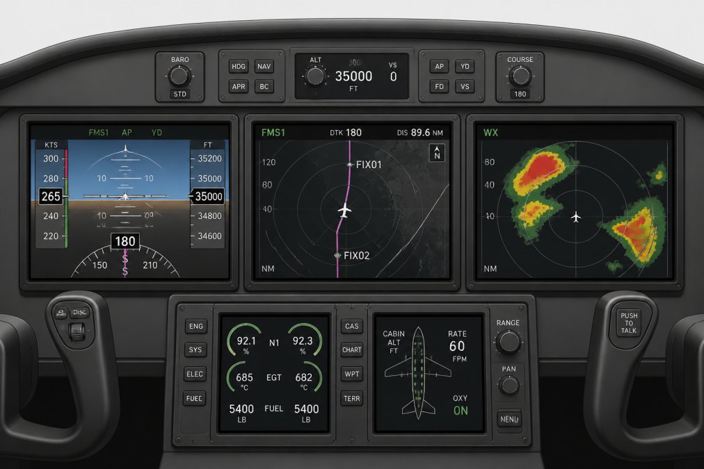 Close-up view of a modern glass cockpit display showing integrated flight instruments with bright LCD screens displaying navigation data, altitude, speed, and weather radar information in a sleek business jet instrument panel