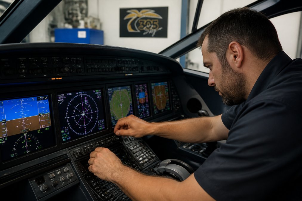 Professional avionics technician working inside modern glass cockpit display with multiple screens showing flight navigation data, hands adjusting control panel switches with precision instruments visible