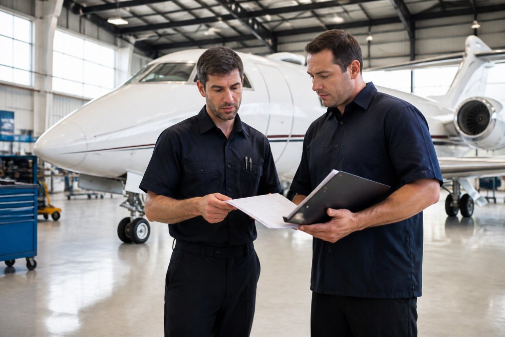 Aircraft maintenance team reviewing inspection documentation and maintenance checklist in front of parked business jet in bright hangar with natural lighting