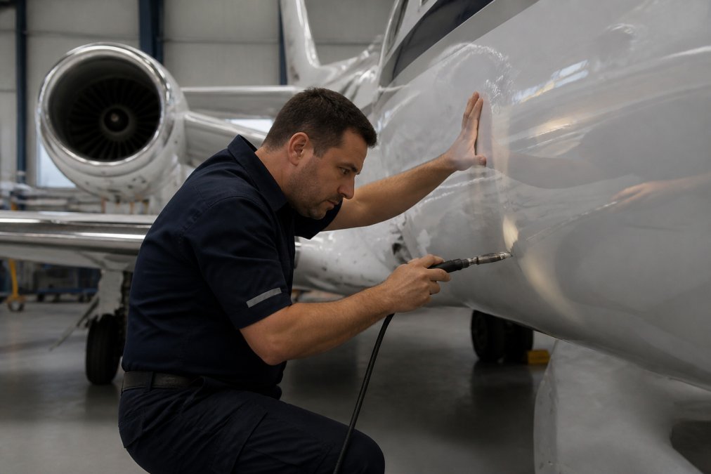 Certified aircraft maintenance technician in uniform performing detailed inspection on private jet fuselage in modern hangar with professional diagnostic equipment visible