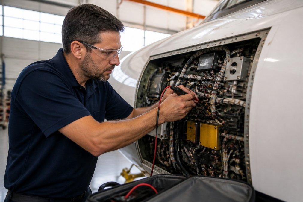 Certified avionics technician in professional attire working on complex aircraft avionics panel with specialized diagnostic equipment and tools in modern maintenance facility