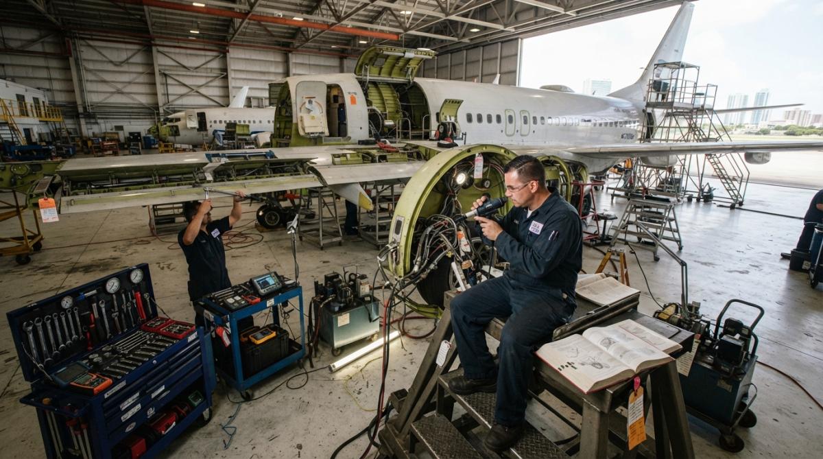Certified aircraft technician performing detailed inspection of aircraft engine compartment using specialized diagnostic tools and precision measuring equipment in well-lit maintenance hangar