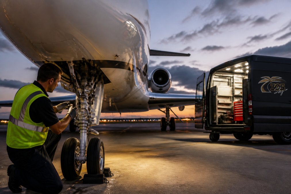 An aviation maintenance technician in a safety vest and work gloves inspecting a business jet on a South Florida tarmac at dusk, mobile tool van parked nearby with service lights on