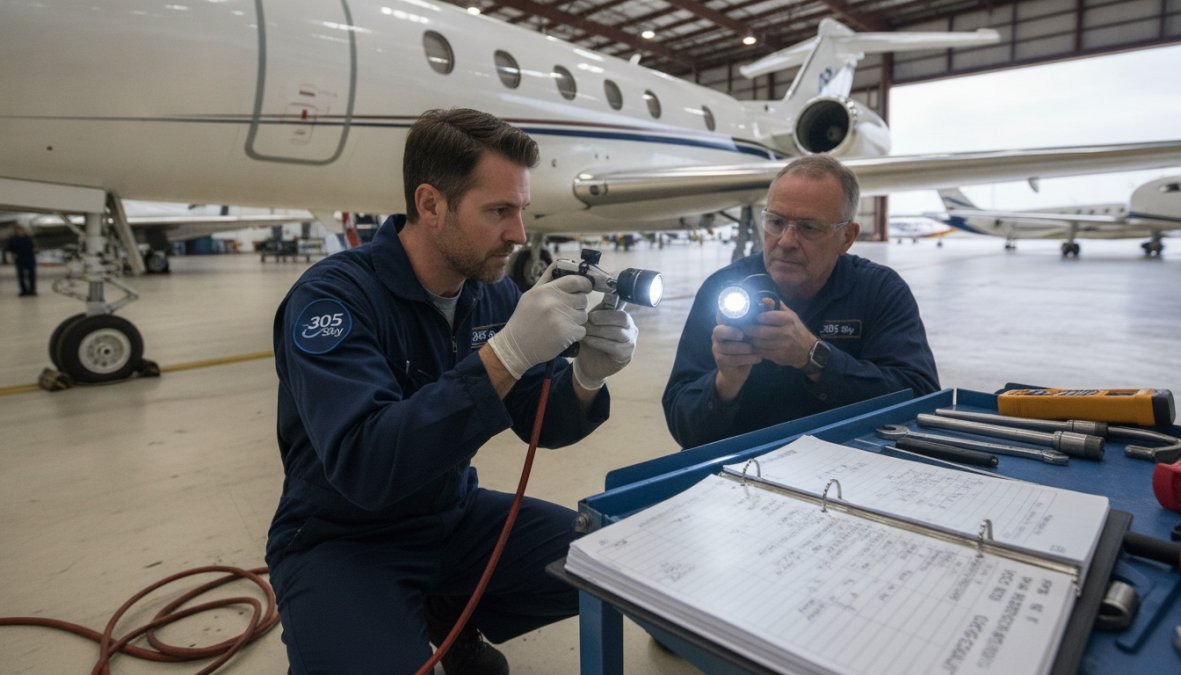 Experienced aircraft mechanic performing detailed inspection of aircraft engine compartment with specialized tools and bright flashlight, examining metal components closely