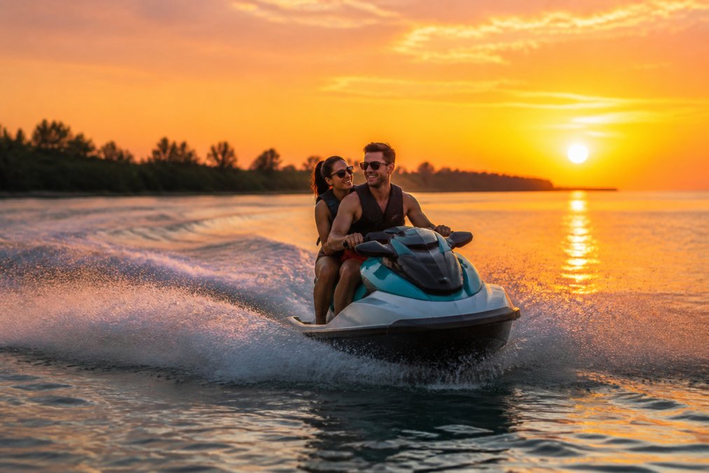 Couple riding a jet ski together at golden hour sunset over calm Gulf waters, both smiling and leaning slightly into a gentle turn, with clear sky painted in orange and pink hues and distant mangrove coastline silhouetted against the horizon